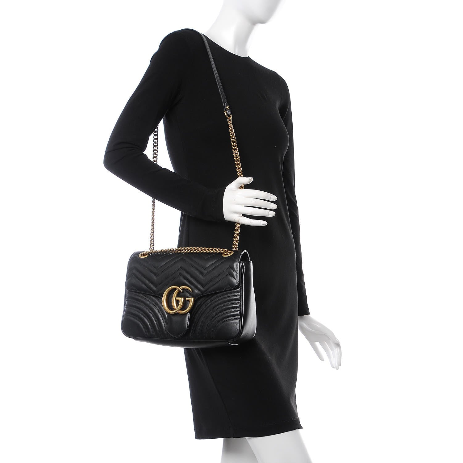 Gucci Calfskin Matelasse Medium GG Marmont Shoulder Bag Black 2 of 9