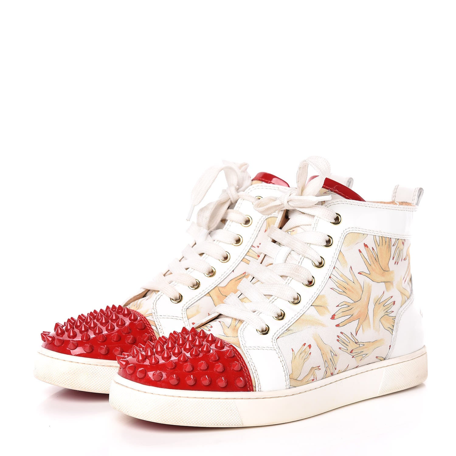 Christian Louboutin Toile Printed Patent Calfskin Tissu Beauty Spikes Louis Flat Sneakers 38 White 3 of 26