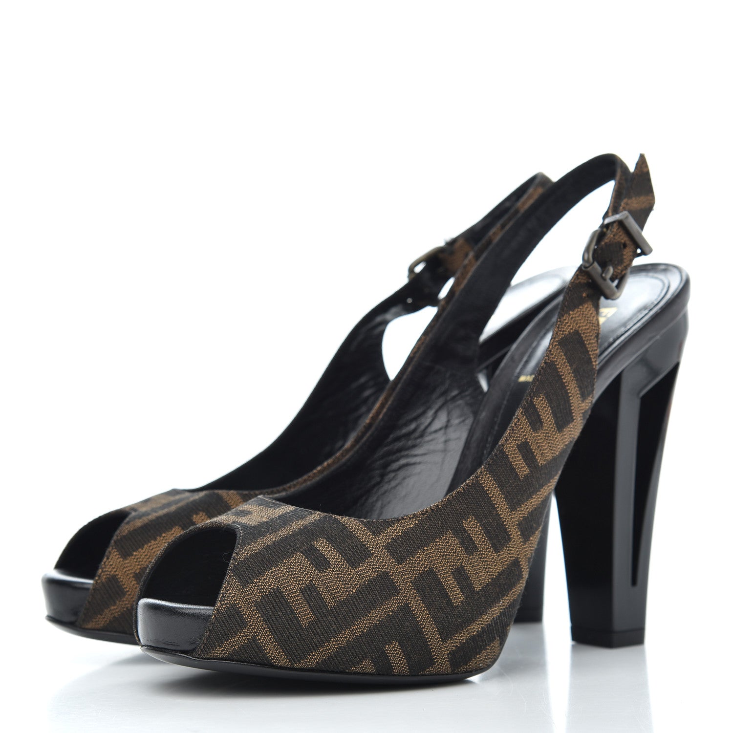 Fendi Jacquard Calfskin FF Open Toe Platform Slingback Pumps 38.5 Tobacco 3 of 12