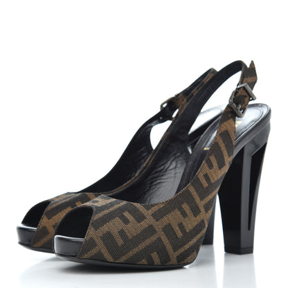 Fendi Jacquard Calfskin FF Open Toe Platform Slingback Pumps 38.5 Tobacco 3 of 12