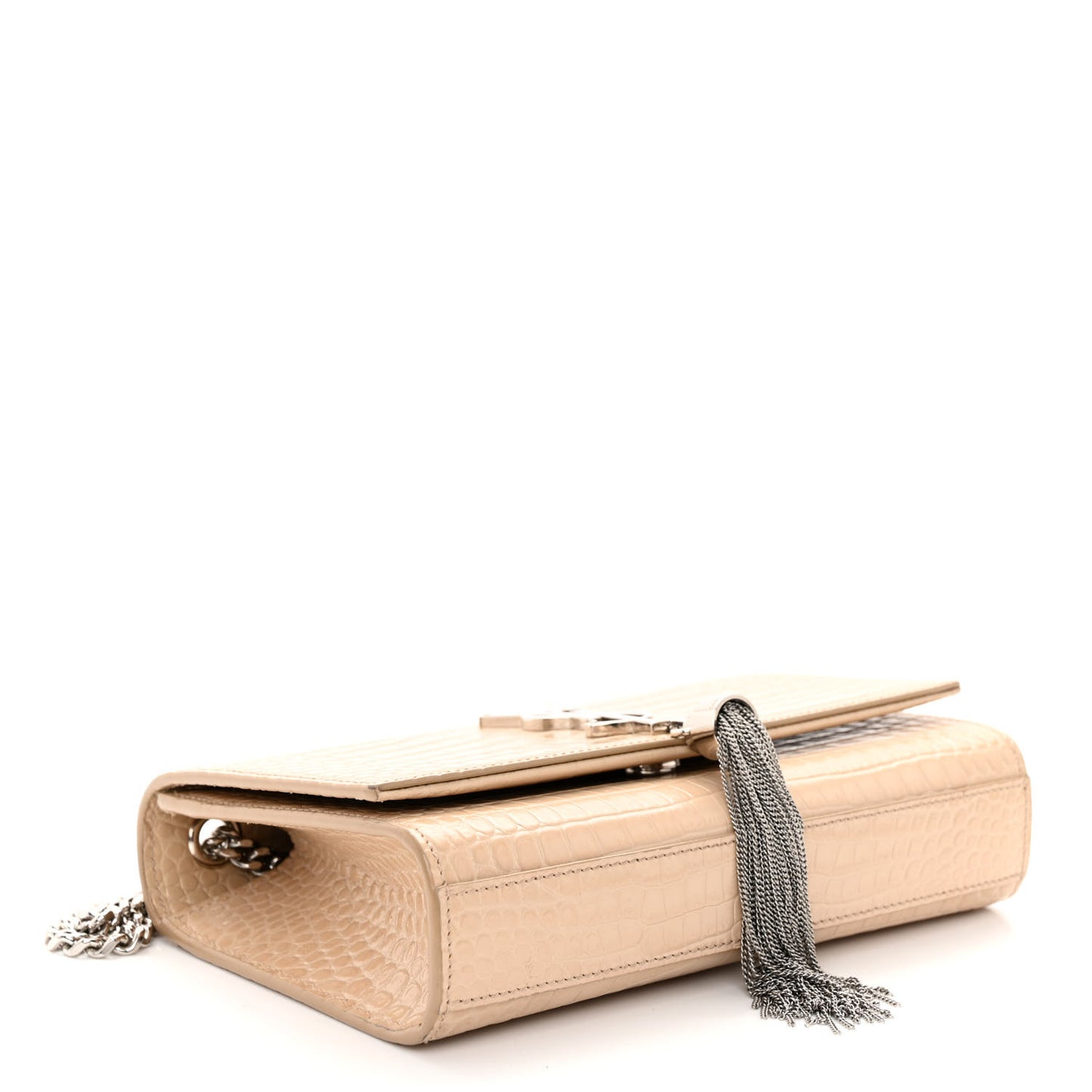 Calfskin Crocodile Embossed Small Classic Monogram Kate Tassel Satchel Nude Powder