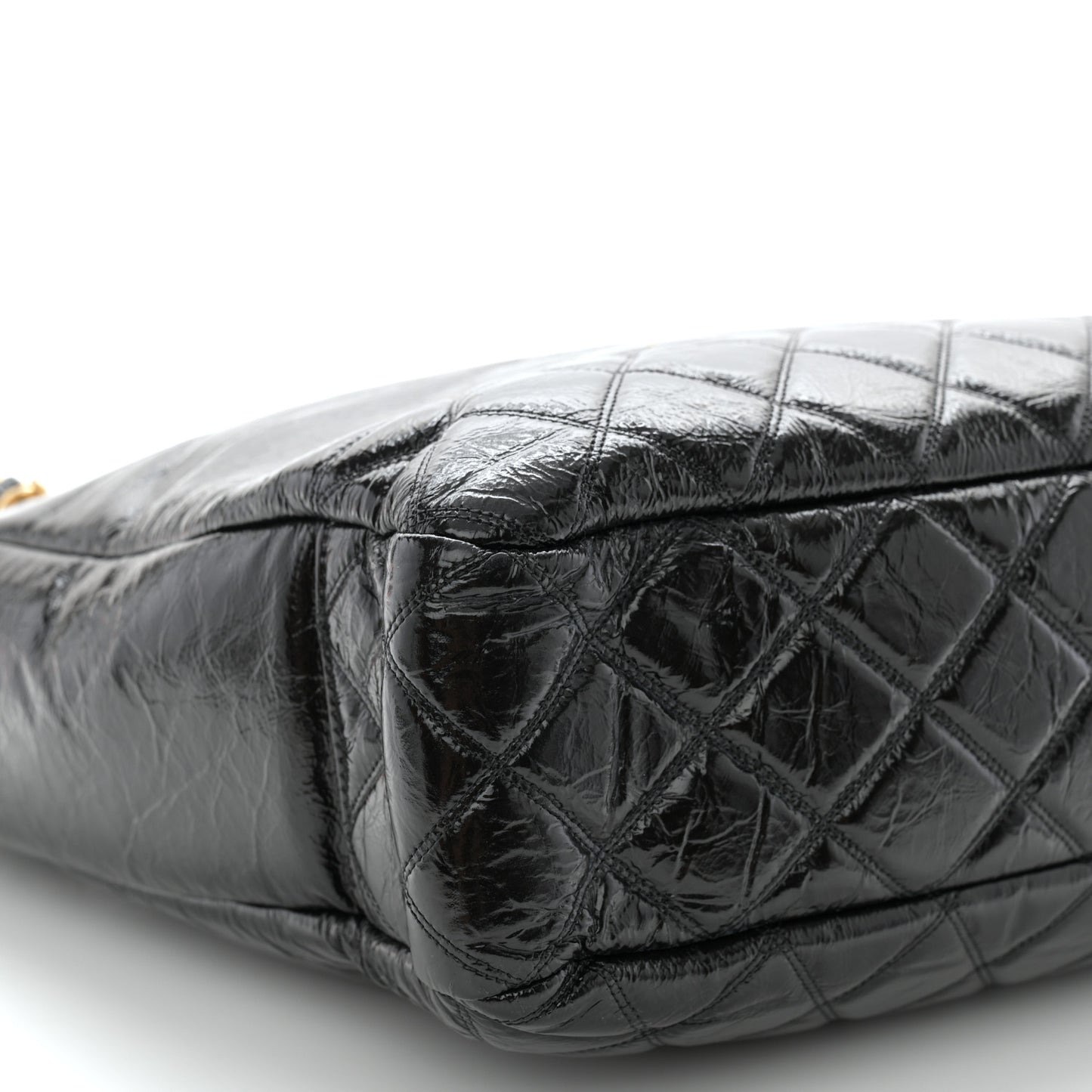 Shiny Aged Calfskin Quilted Small Shopping Bag Black