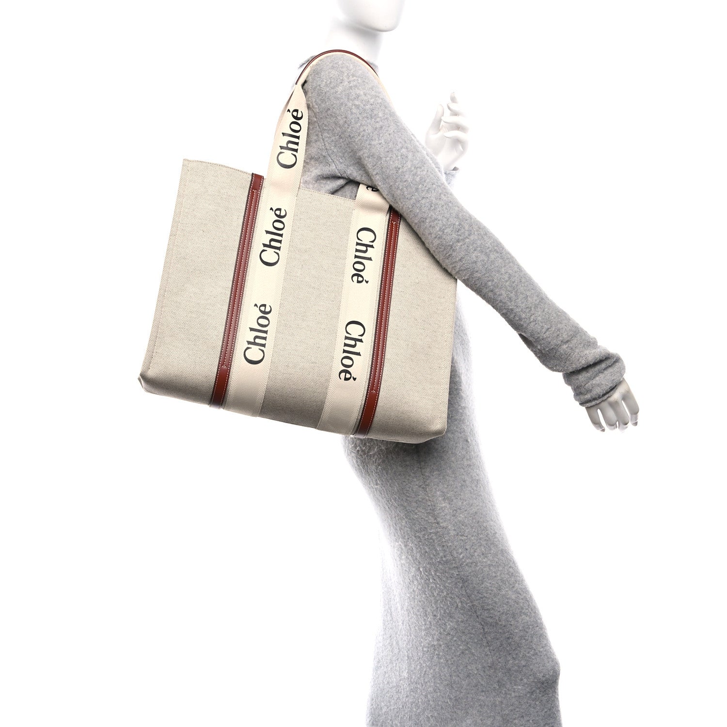 Chloe Cotton Calfskin Large Woody Ribbon Tote White Brown 2 of 9