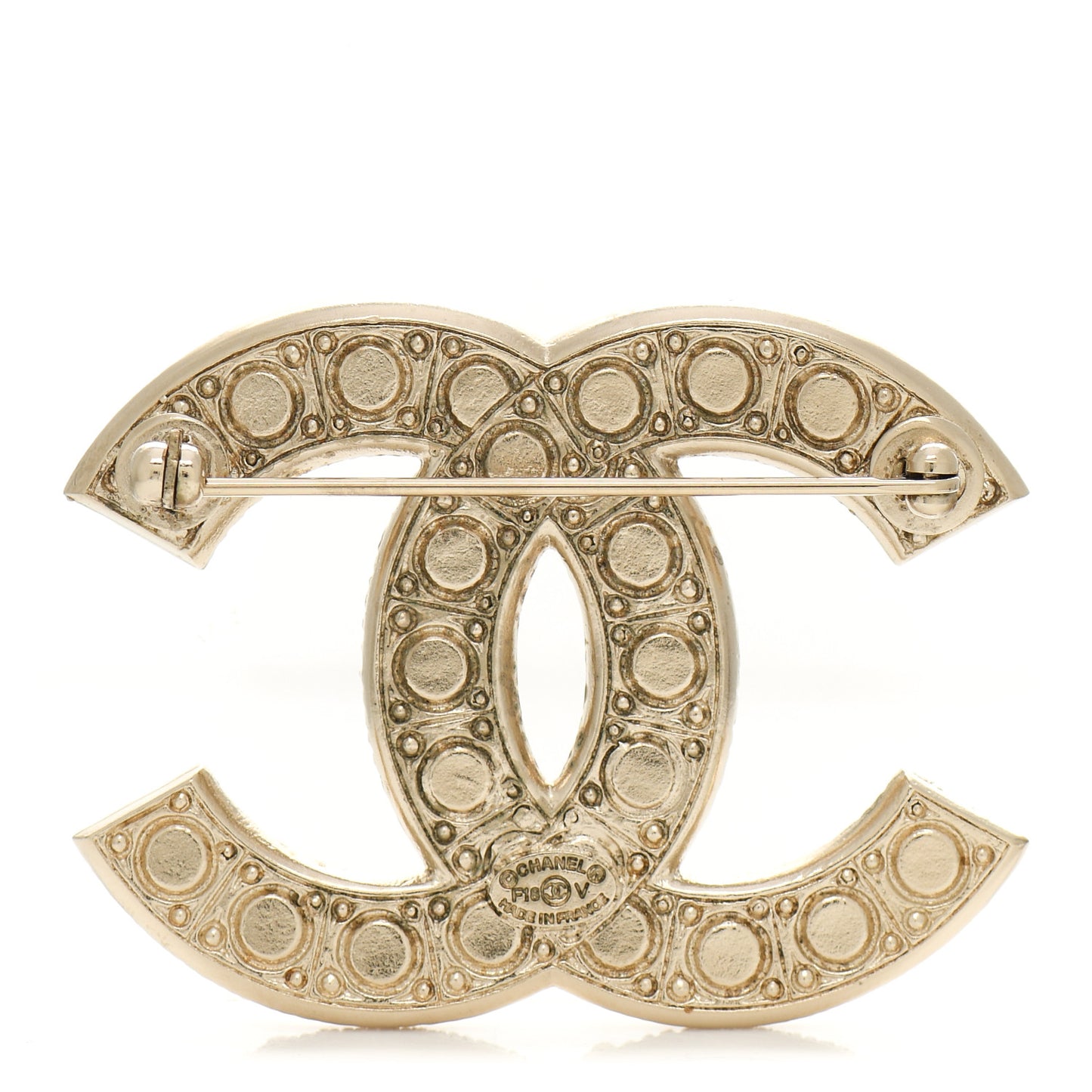Metal Crystal Graduated Pearl CC Brooch Gold