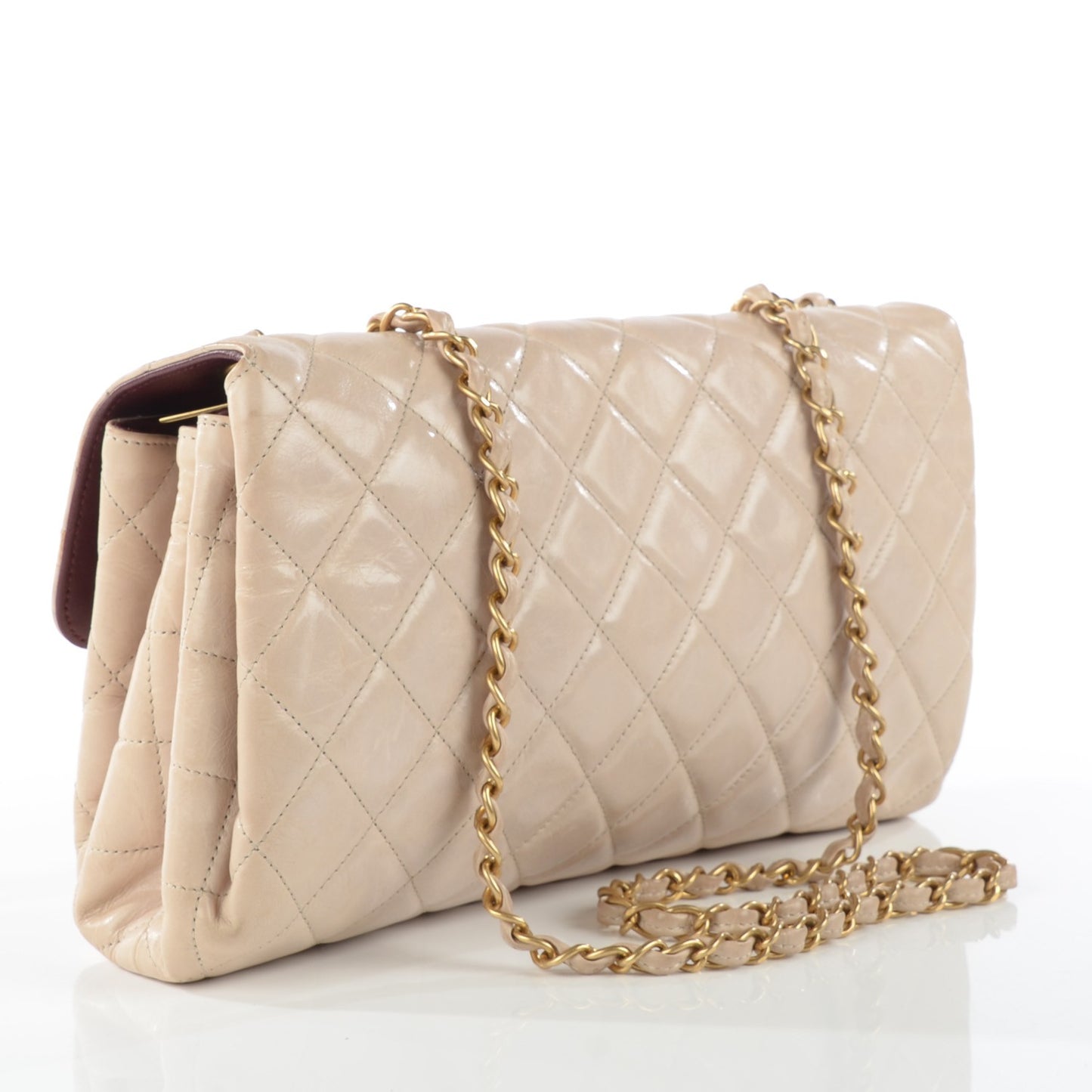 Glazed Calfskin Quilted Jumbo Clams Pocket Flap Beige
