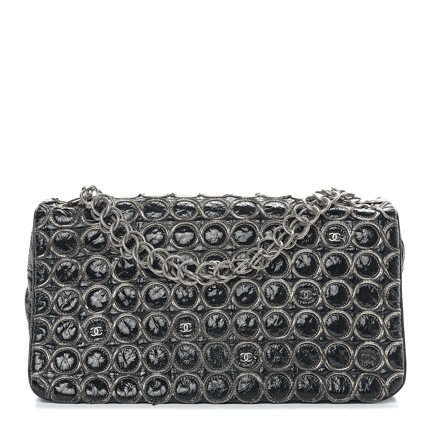 Distressed Patent Quilted Flap Bag Black