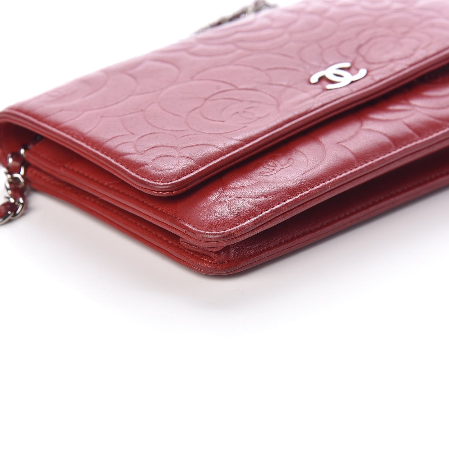 Lambskin Camellia Embossed Wallet On Chain WOC Dark Red