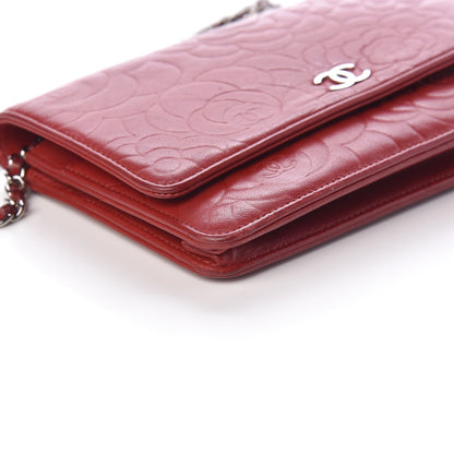 Chanel Lambskin Camellia Embossed Wallet On Chain WOC Dark Red 11 of 14