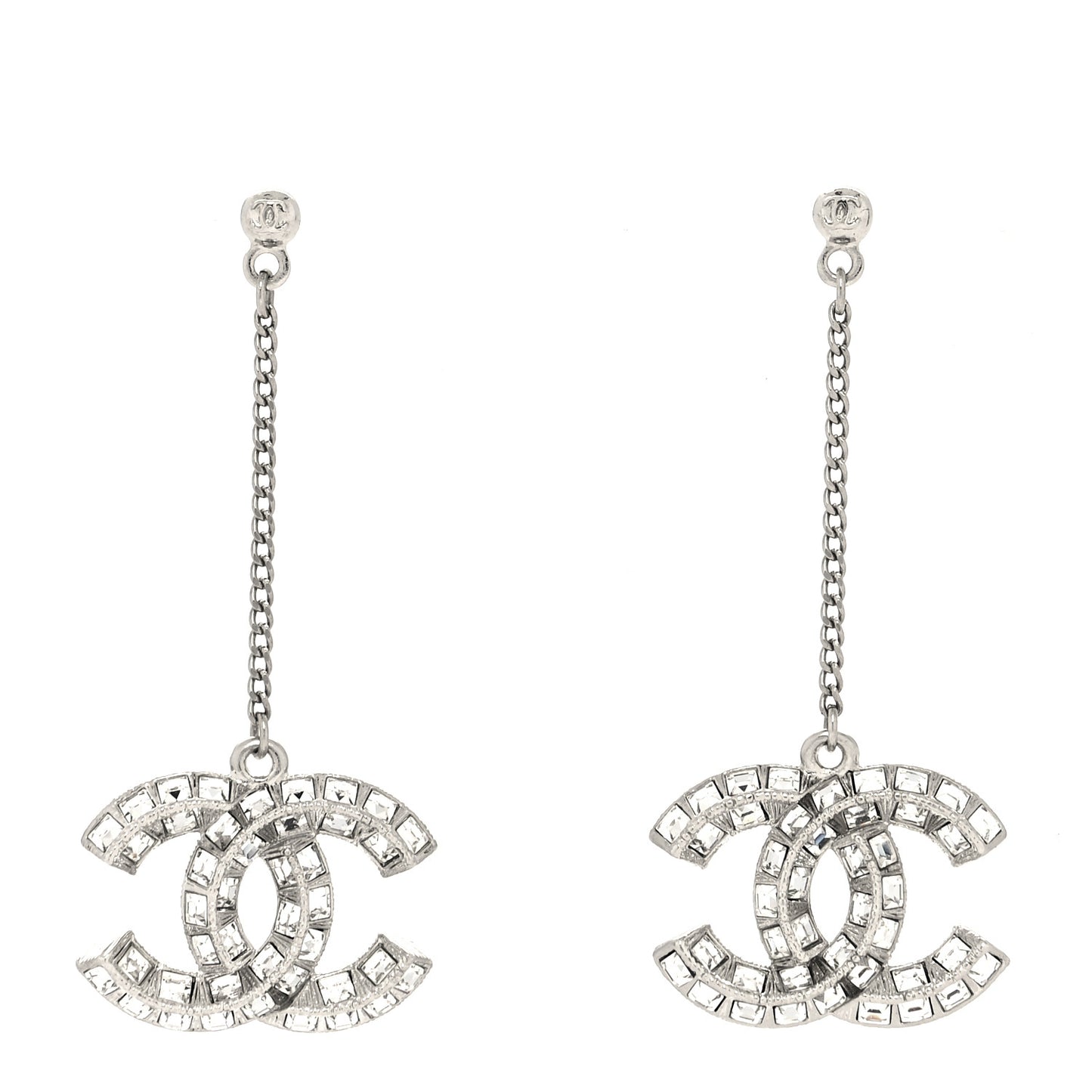 Baguette Crystal CC Drop Earrings Silver
