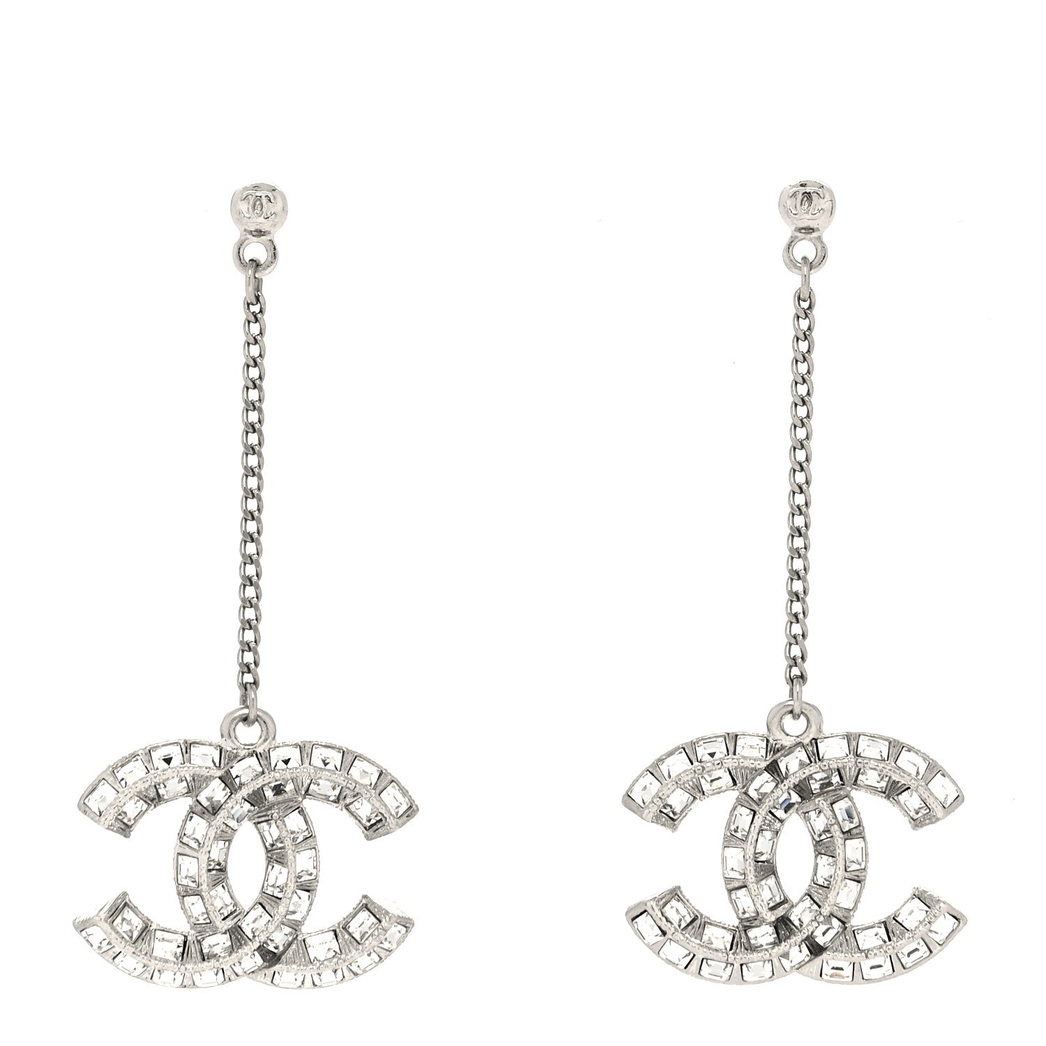 Chanel Baguette Crystal CC Drop Earrings Silver 1 of 4