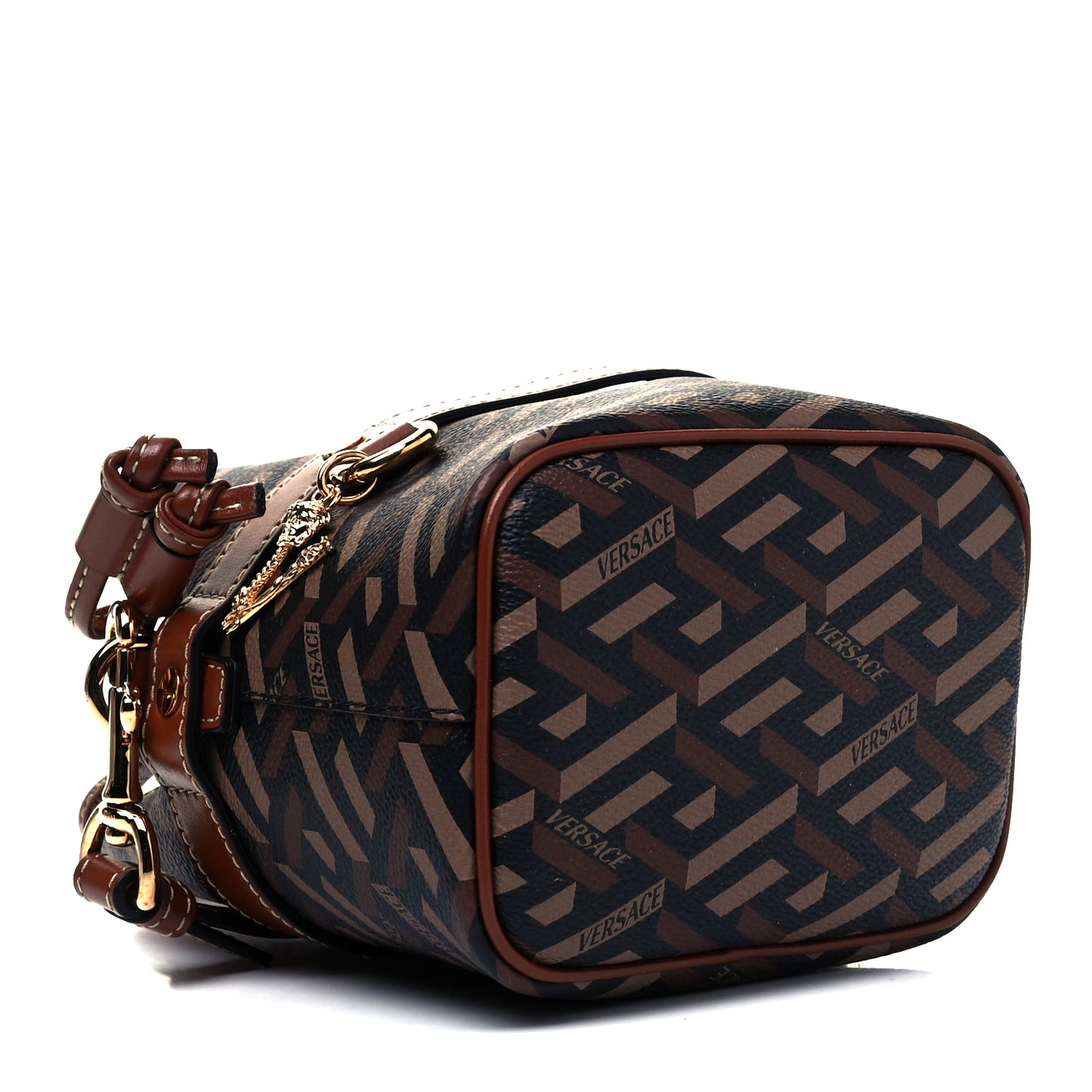 Coated Canvas La Greca Mini Bucket Bag Black Caramel