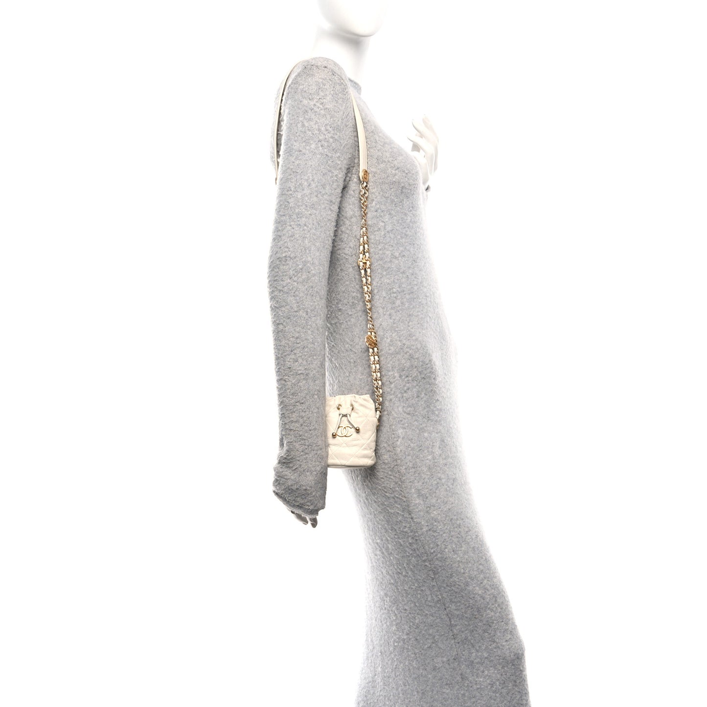 Caviar Quilted Twist Your Buttons Mini Bucket Bag White