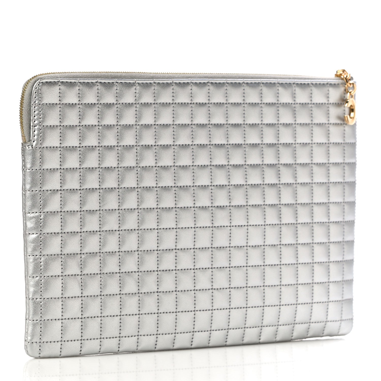 Celine Laminated Calfskin Quilted C Charm Pouch Silver 3 of 9