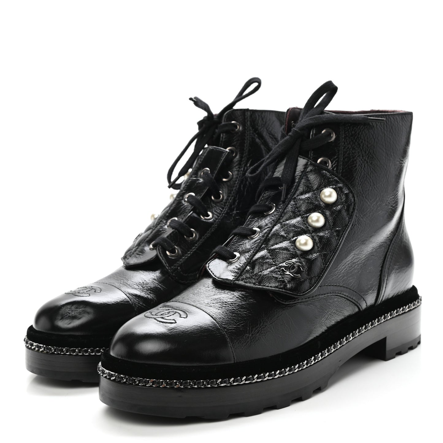 Crackled Calfskin Velvet Pearl Combat Short Boots 39.5 Black