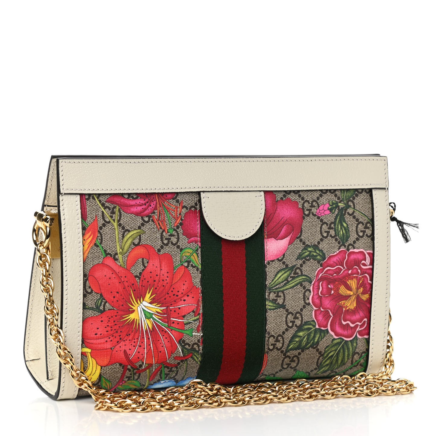 GG Supreme Monogram Flora Web Small Ophidia Chain Shoulder Bag White