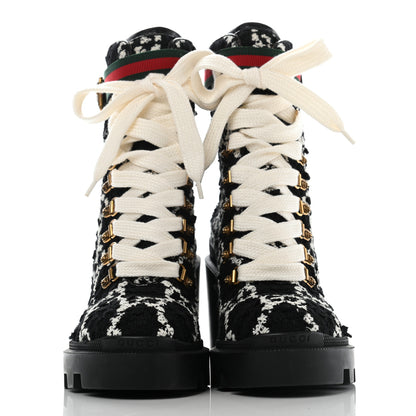 Gucci Tweed GG Monogram Lace Up Combat Ankle Boots 37 Black 2 of 9