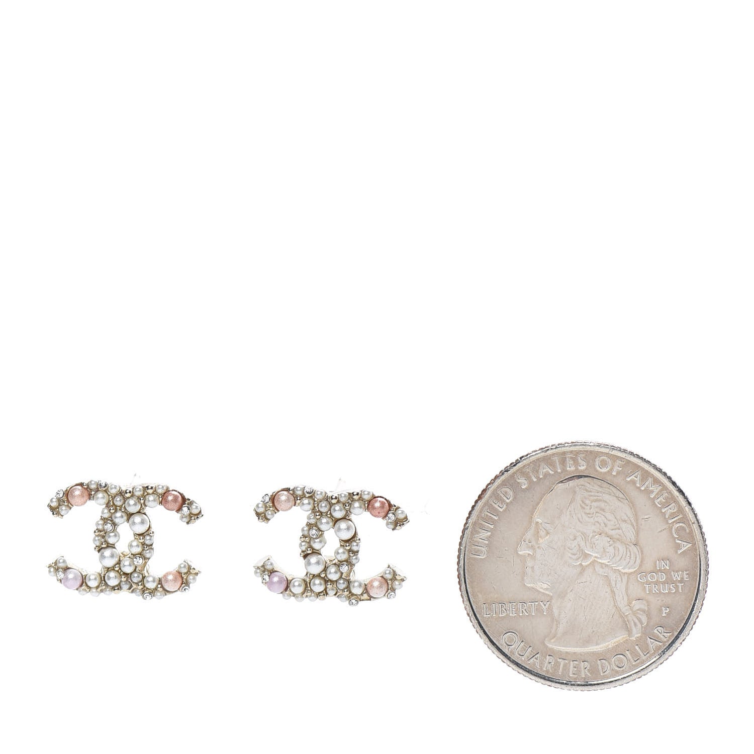 Chanel Pearl Crystal CC Charms Stud Earrings Light Gold Pink 2 of 4