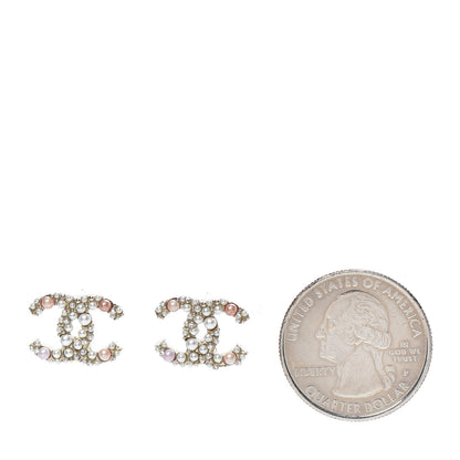 Chanel Pearl Crystal CC Charms Stud Earrings Light Gold Pink 2 of 4