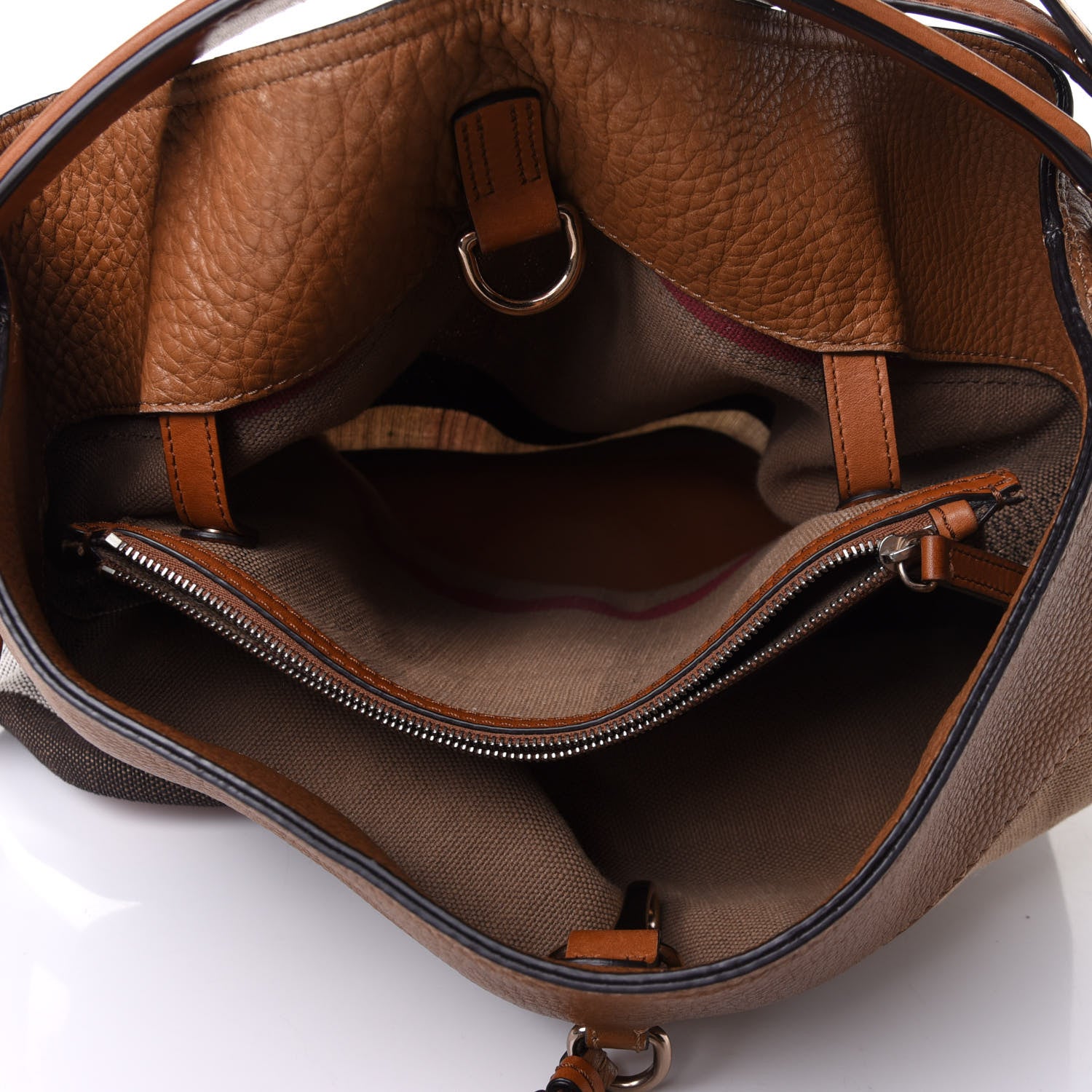 Burberry Grainy Calfskin Canvas Mega Check Medium Ashby Tassel Hobo Saddle Brown 10 of 16