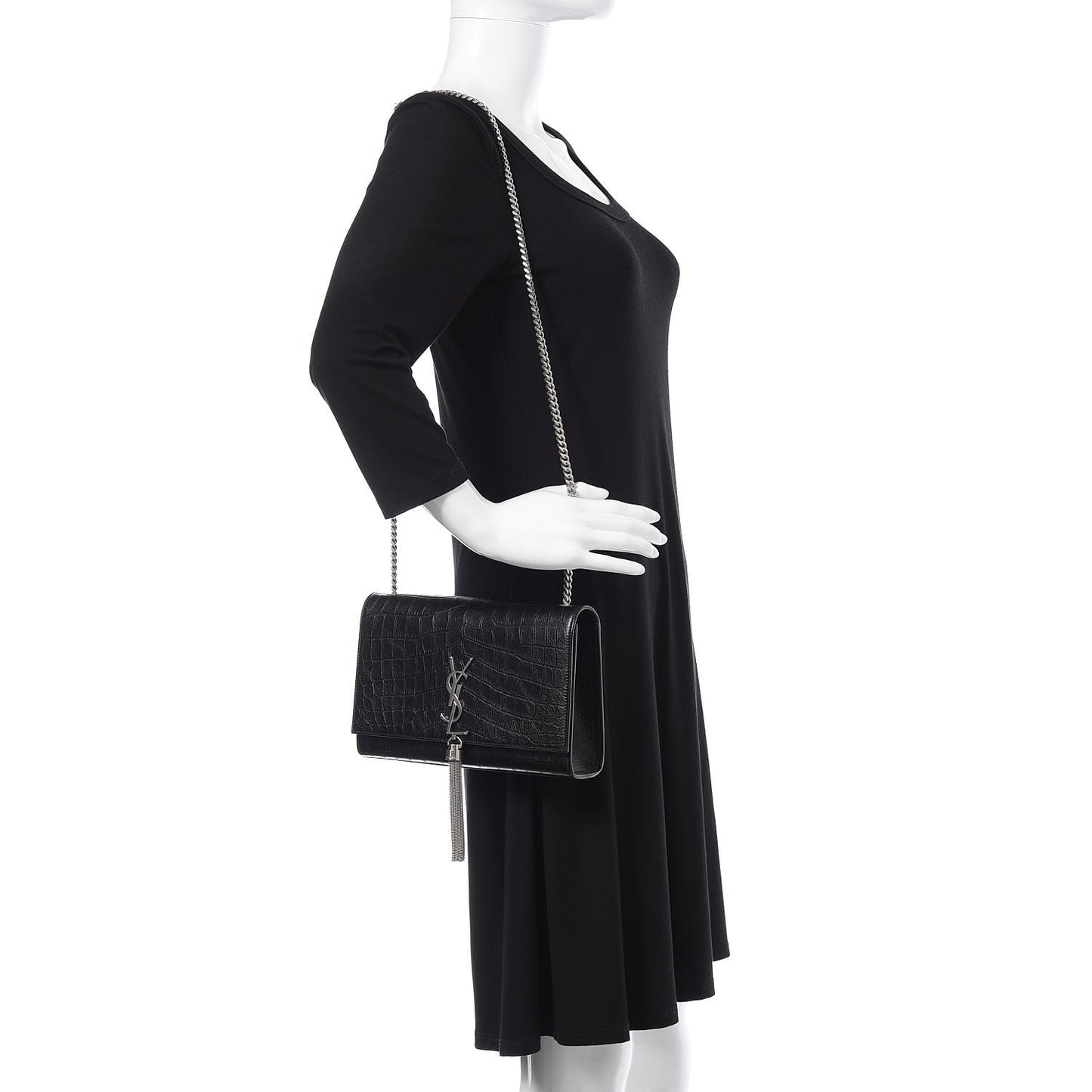Calfskin Crocodile Embossed Medium Classic Monogram Kate Tassel Satchel Black