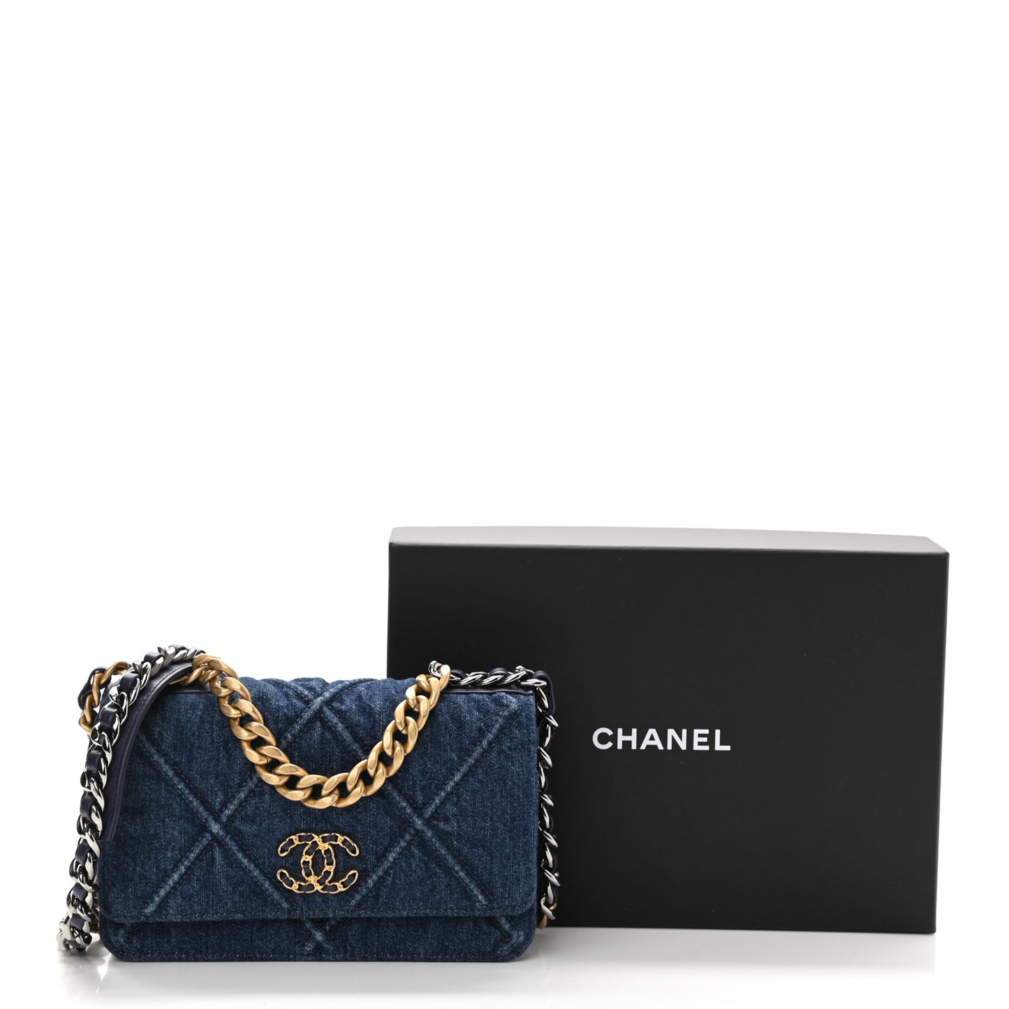 Denim Quilted Chanel 19 Wallet On Chain WOC Blue