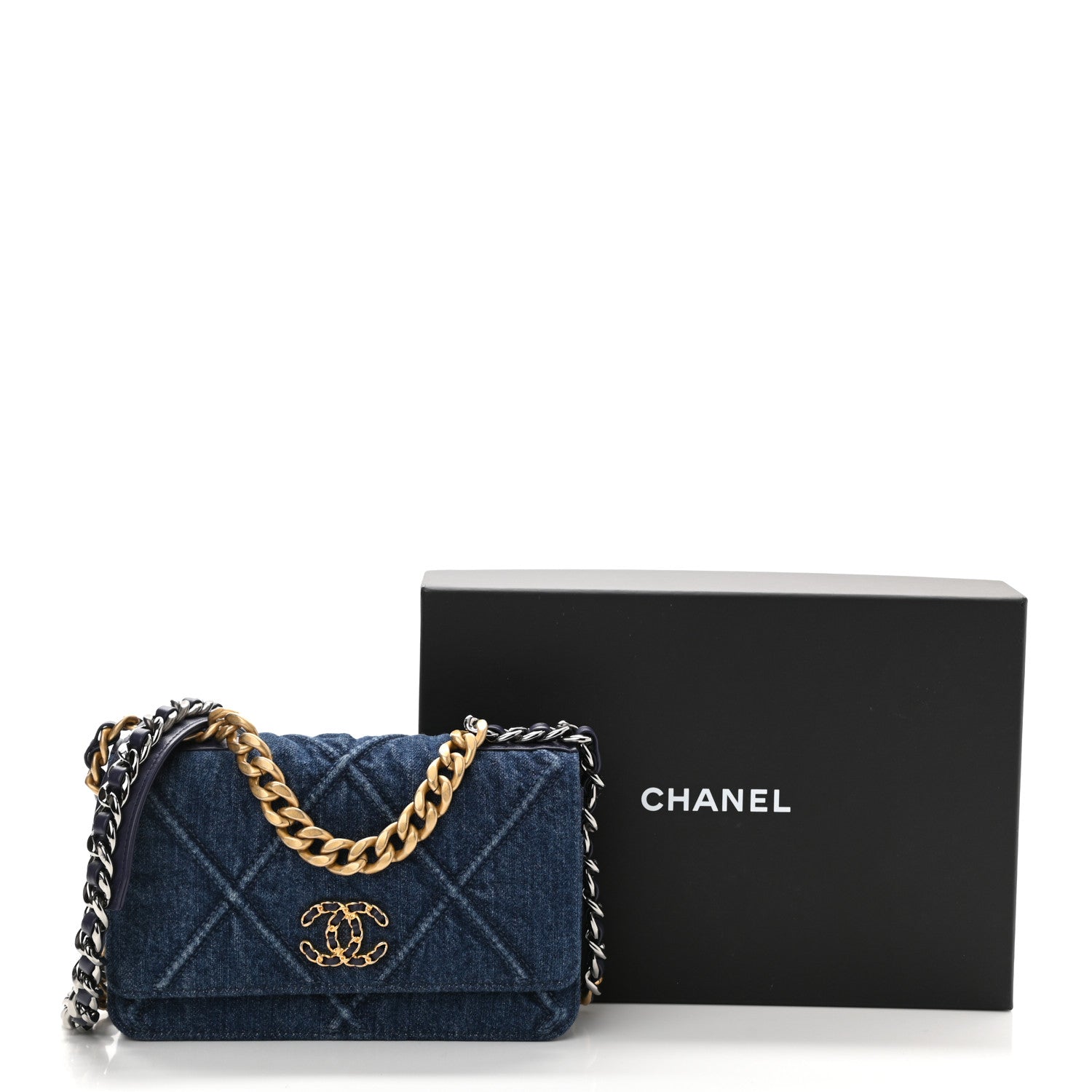 Chanel Denim Quilted Chanel 19 Wallet On Chain WOC Blue 12 of 12