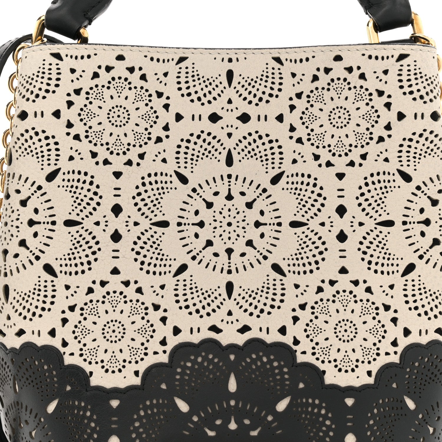 Burberry Prorsom Calfskin Laser Cut Lace Orchard Bucket Bag Black White 7 of 14