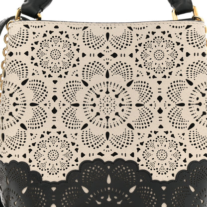 Burberry Prorsom Calfskin Laser Cut Lace Orchard Bucket Bag Black White 7 of 14