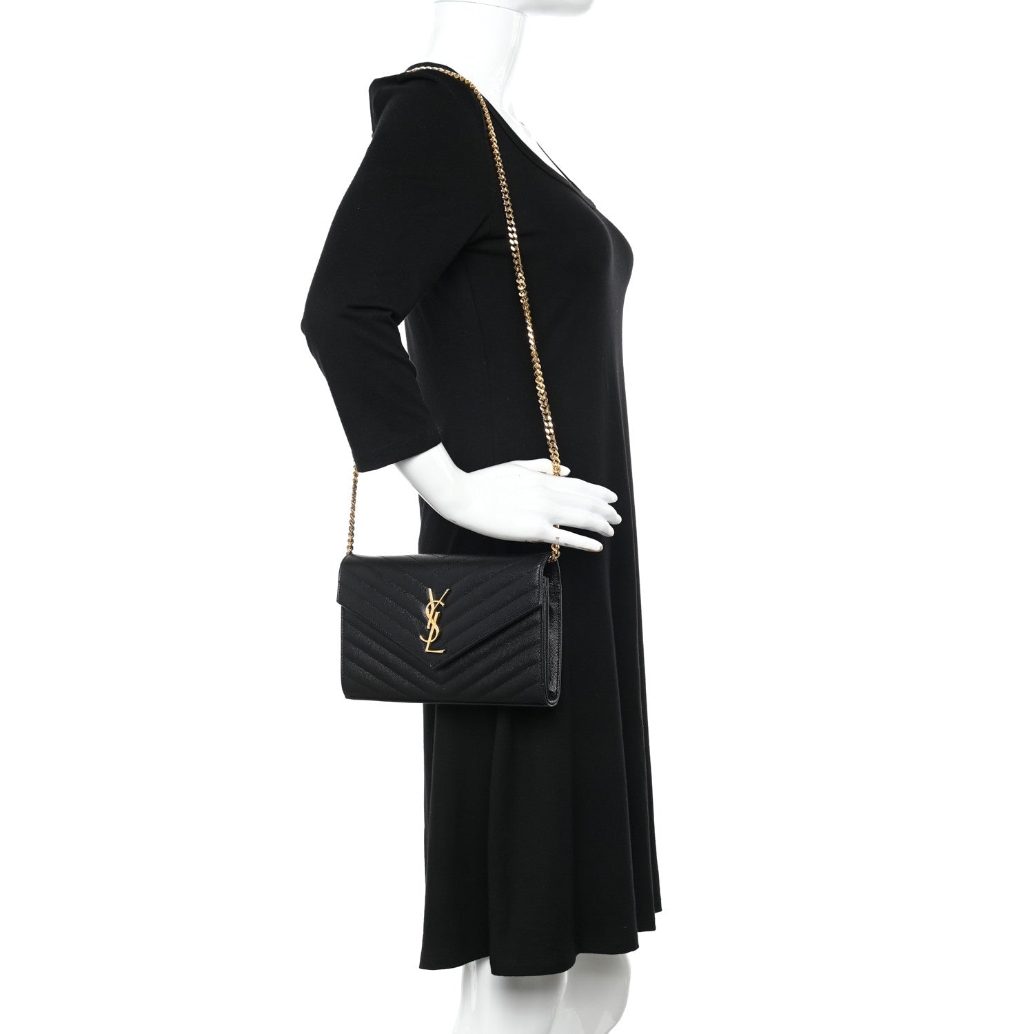 Saint Laurent Grain De Poudre Matelasse Chevron Monogram Chain Wallet Black 2 of 10