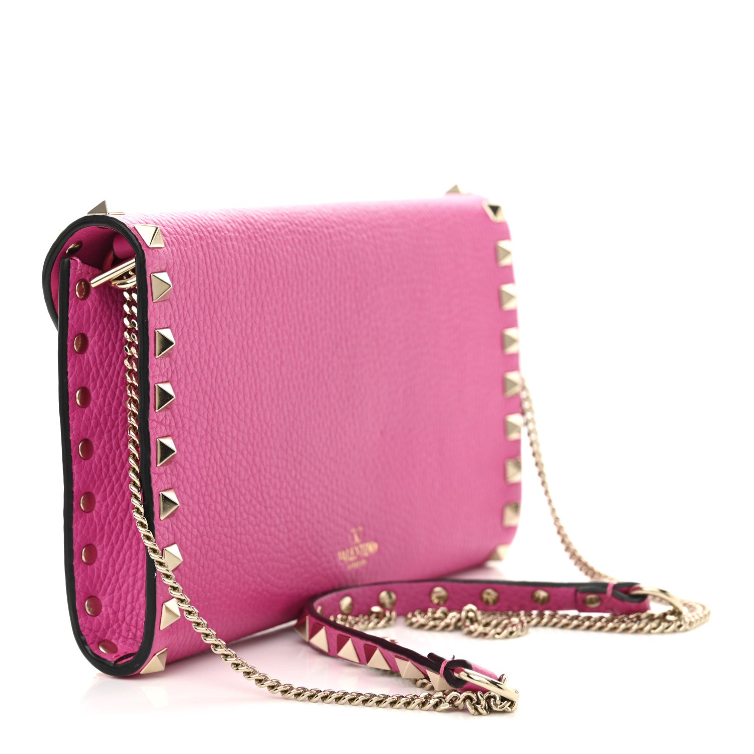 Valentino Garavani Grainy Calfskin Rockstud Flip Lock Wallet With Chain Pink PP 4 of 10