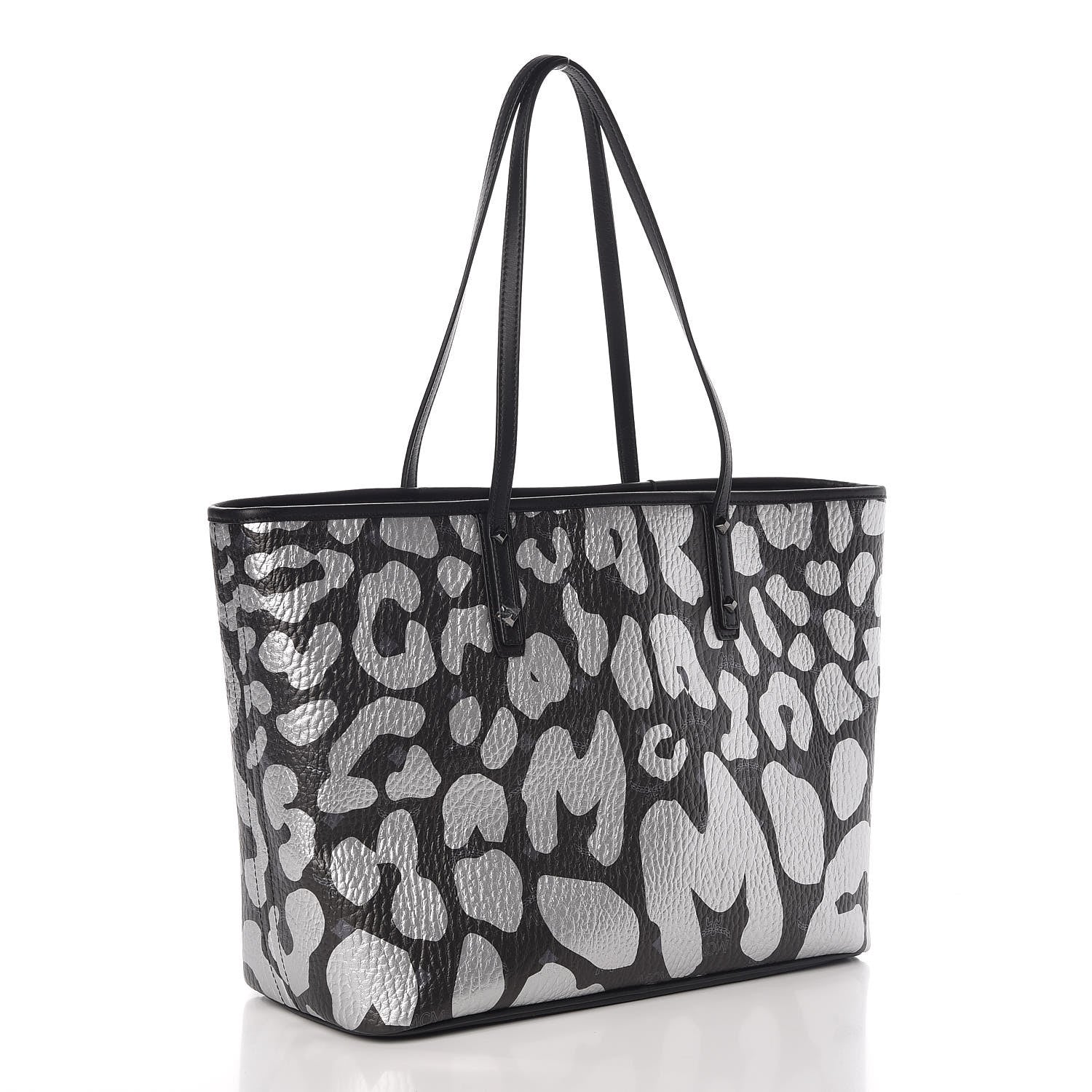 MCM Visetos Metallic Leopard Print Medium Anya Shopper Tote Black 4 of 9