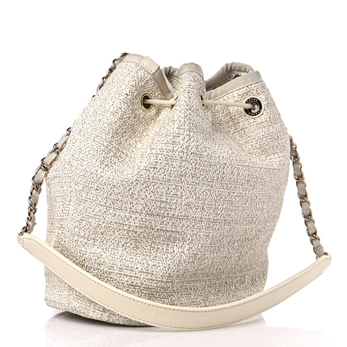 Lurex Boucle Deauville Drawstring Bucket Bag Ivory