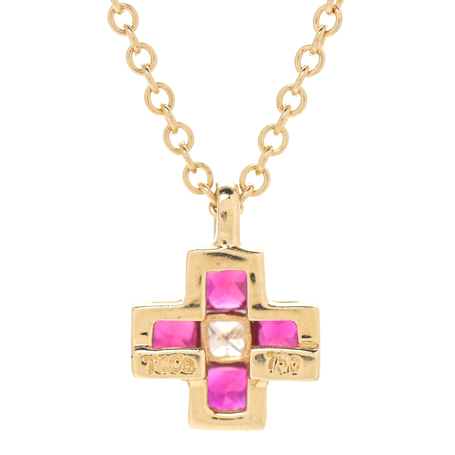 18K Yellow Gold Diamond Ruby Mini Cross Pendant Necklace