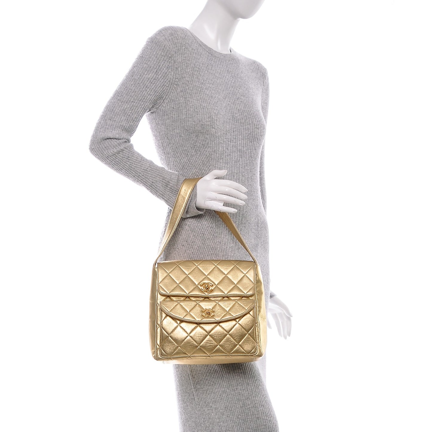 Metallic Lambskin Quilted Double Pocket Shoulder Bag Gold