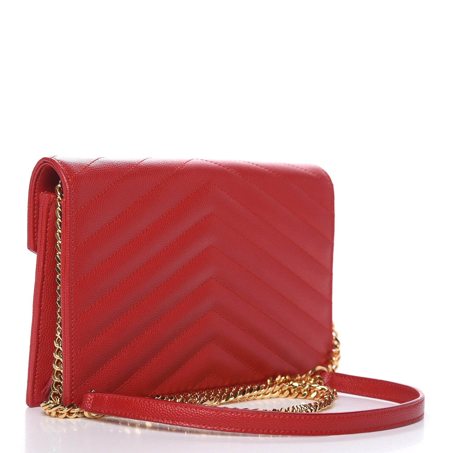 Saint Laurent Grain De Poudre Matelasse Chevron Monogram Envelope Chain Wallet New Red 3 of 10