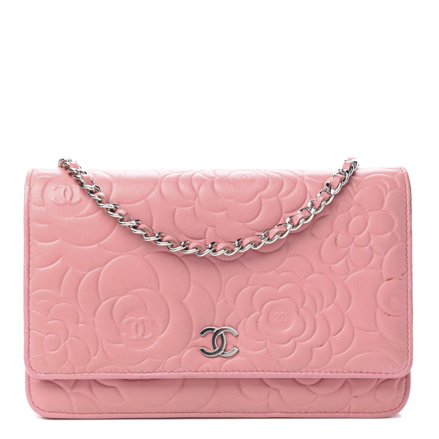 Chanel Lambskin Camellia Embossed Wallet On Chain WOC Pink 1 of 12