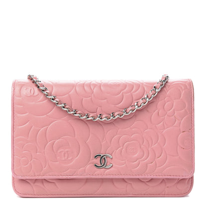 Chanel Lambskin Camellia Embossed Wallet On Chain WOC Pink 1 of 12