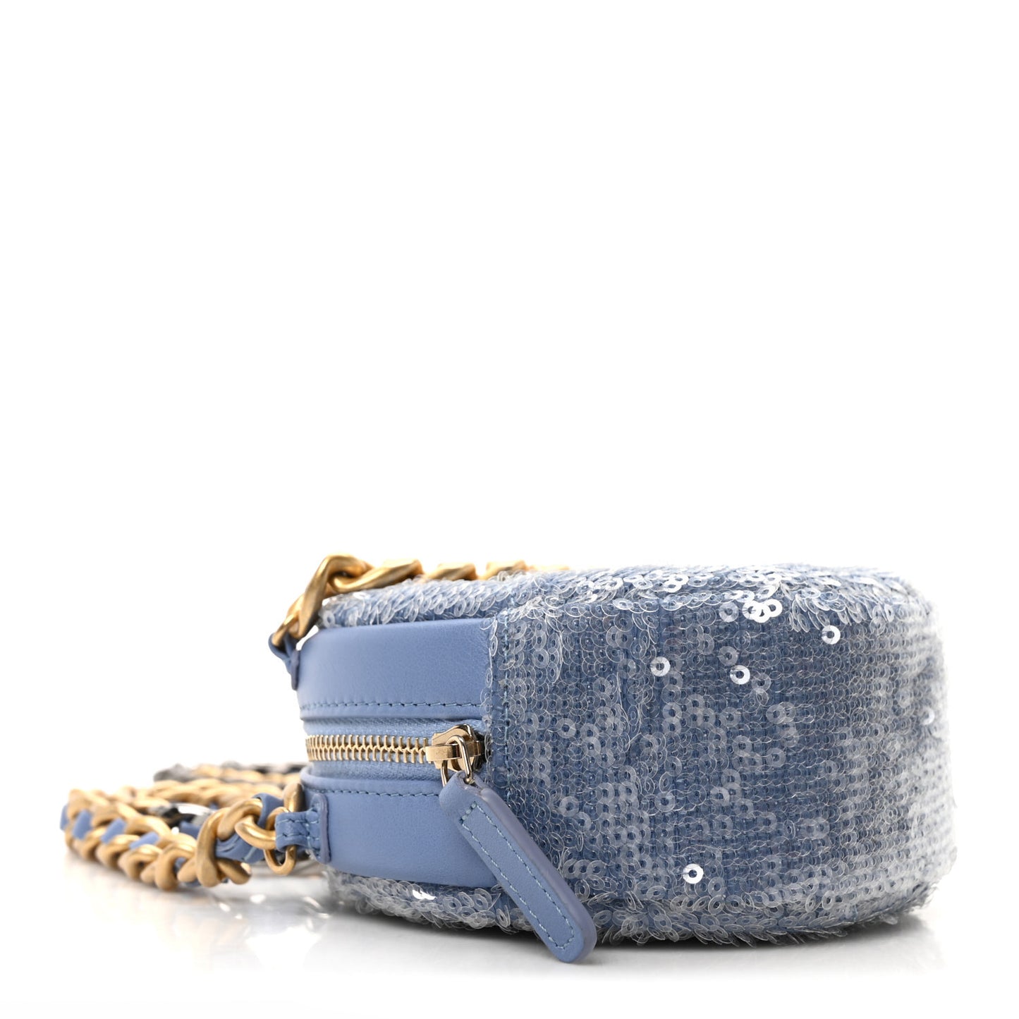 Sequin Chanel 19 Round Clutch With Chain Light Blue