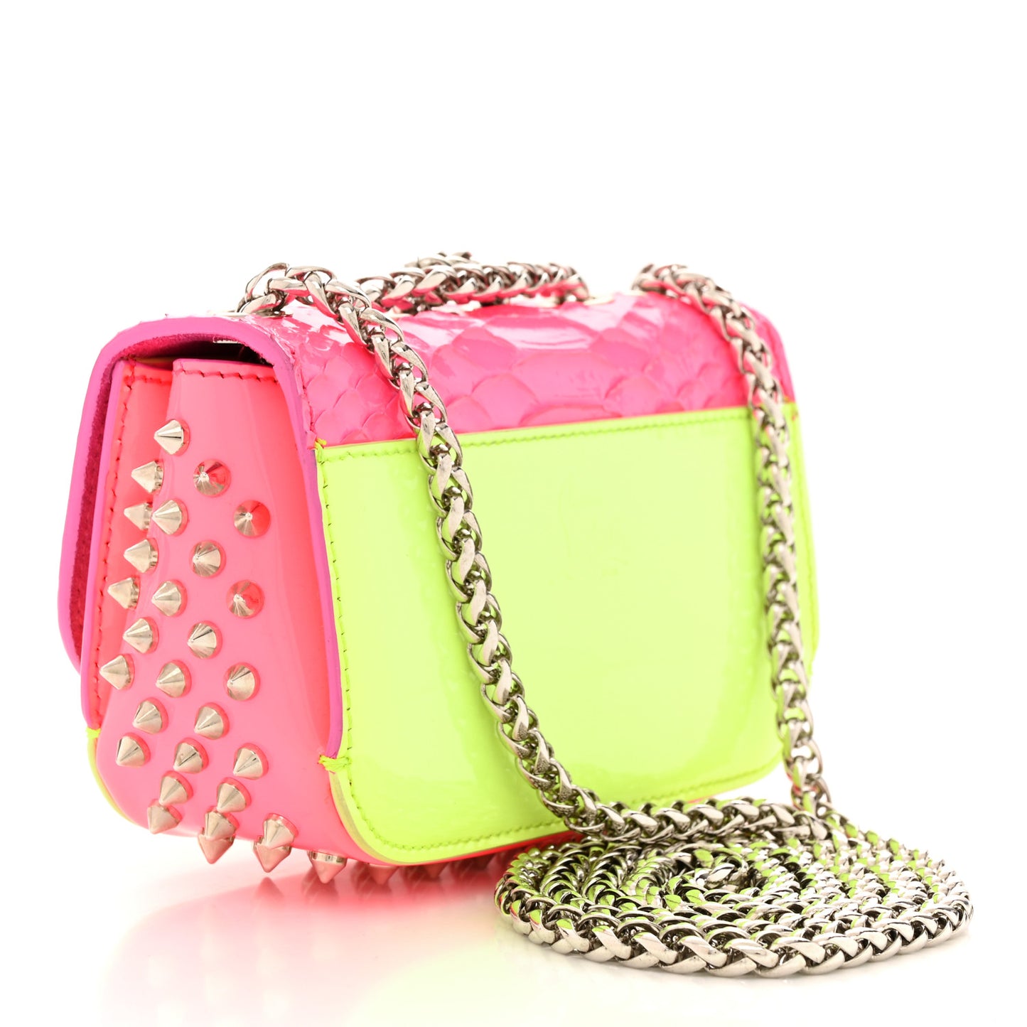 Patent Snakeskin Spiked Sweety Charity Crossbody Bag Neon Pink Yellow