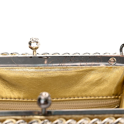 Chanel Metallic Lambskin Quilted Chain Around Kiss Lock Evening Clutch Gold 14 of 15
