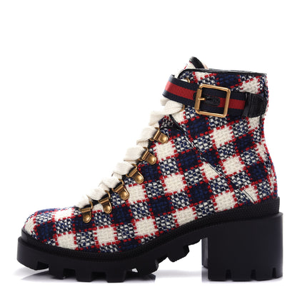 Gucci Vintage Tweed Check Lace Up Combat Ankle Boots 36.5 White Hibiscus Red Marine 1 of 11