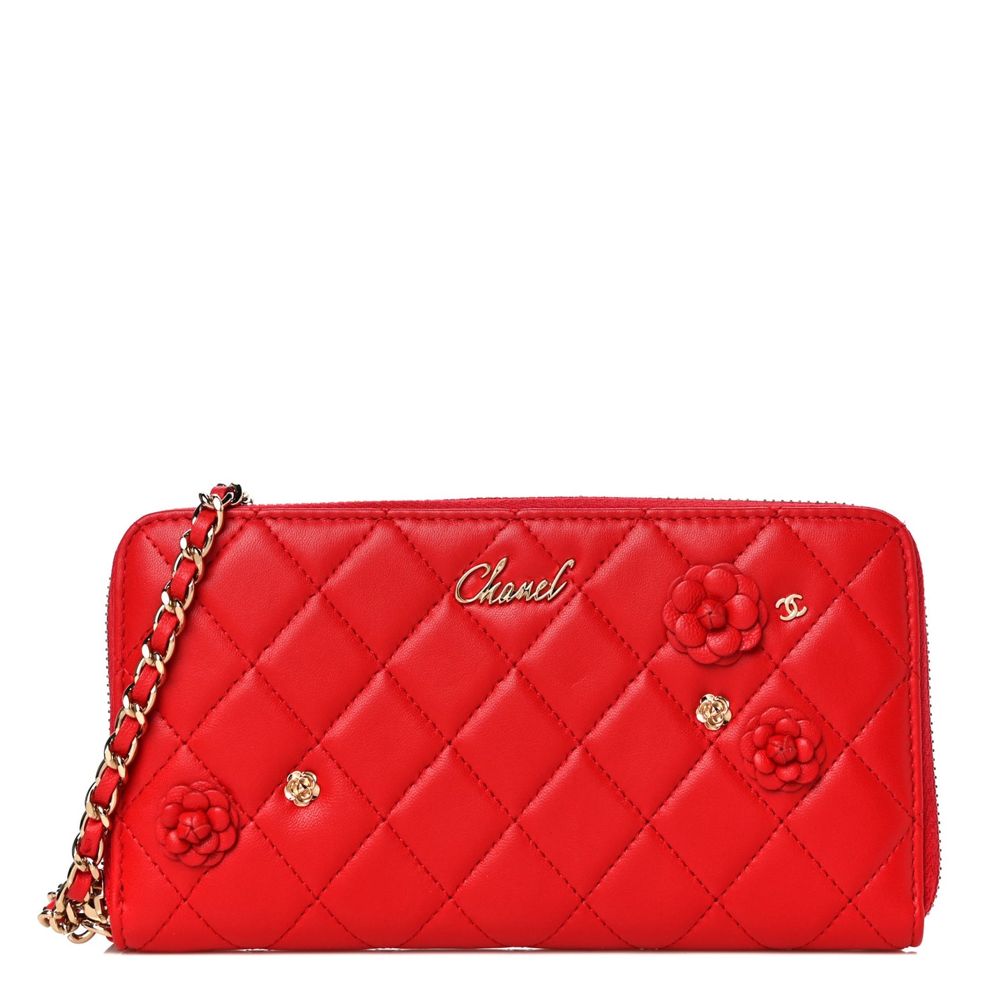 Lambskin Quilted Camellia Zip Around Wristlet Wallet Red