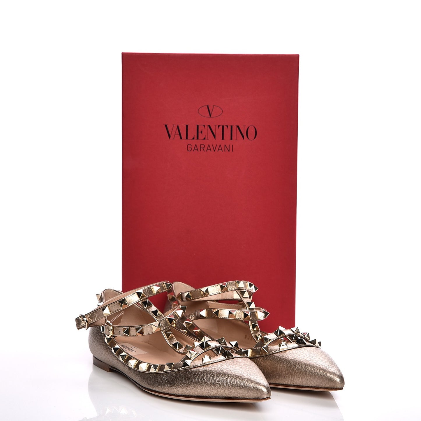 Metallic Pebbled Calfskin Rockstud Cage Ballerina Flats 38 Sasso