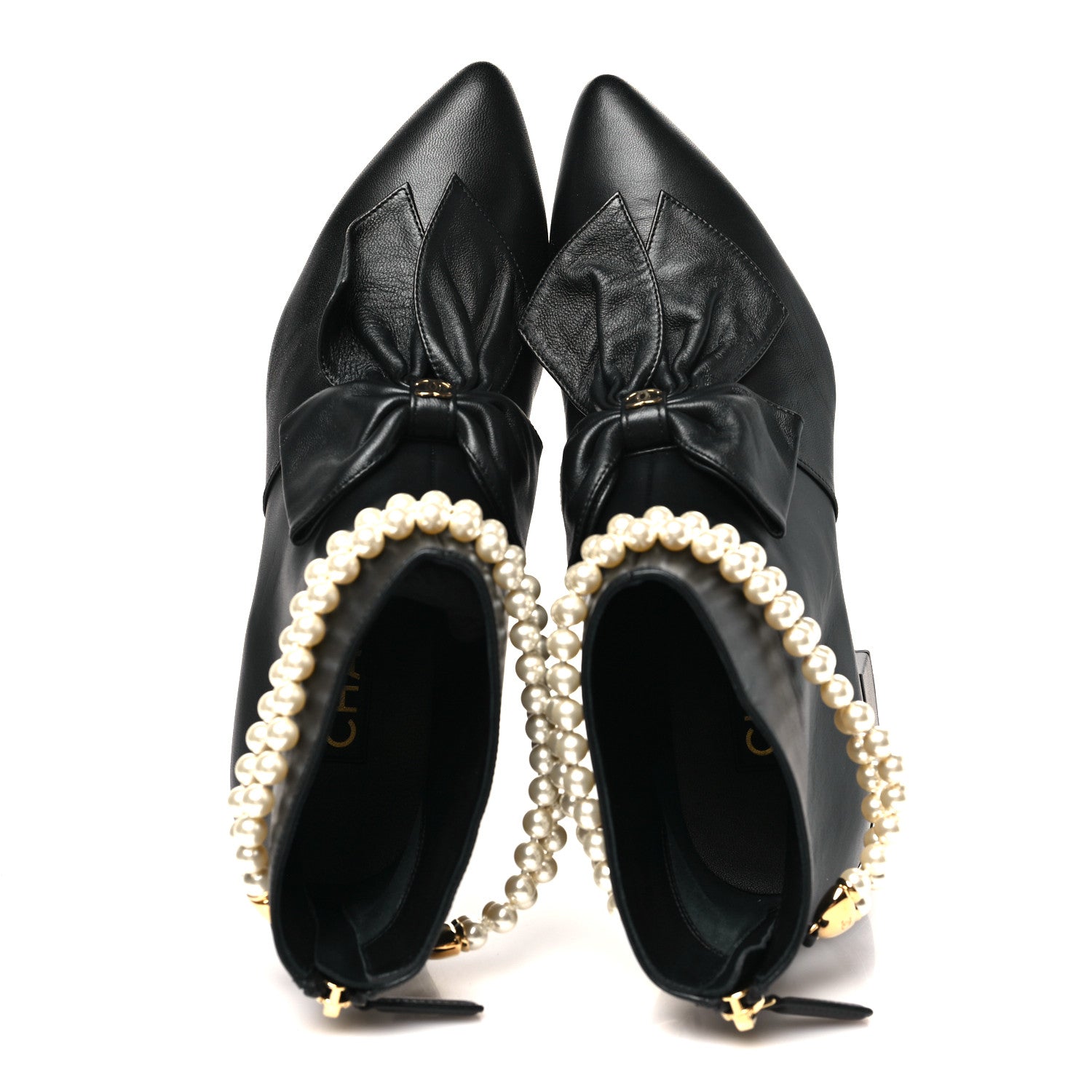 Chanel Lambskin Pearl Bow Short Boots 37.5 Black 2 of 10