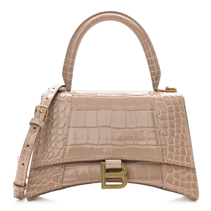Balenciaga Shiny Calfskin Crocodile Embossed Small Hourglass Top Handle Bag Nude Beige 1 of 10