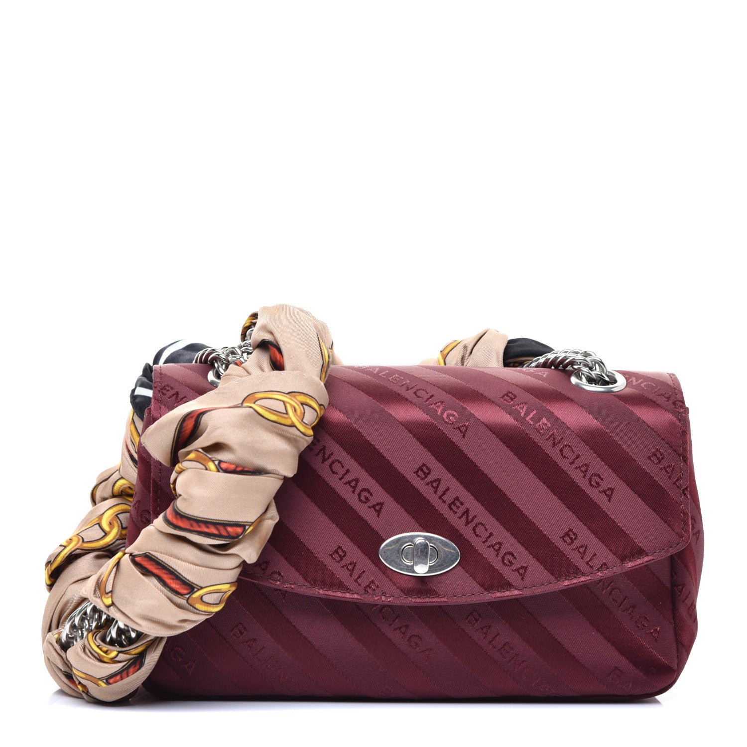Balenciaga Nylon Jacquard Diagonal Logo Small Scarf Lock Chain Shoulder Bag Rouge Bordeaux Black Beige 1 of 8