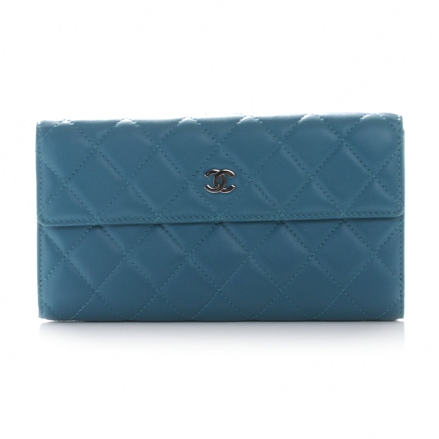 Lambskin Quilted Long Flap Wallet Turquoise