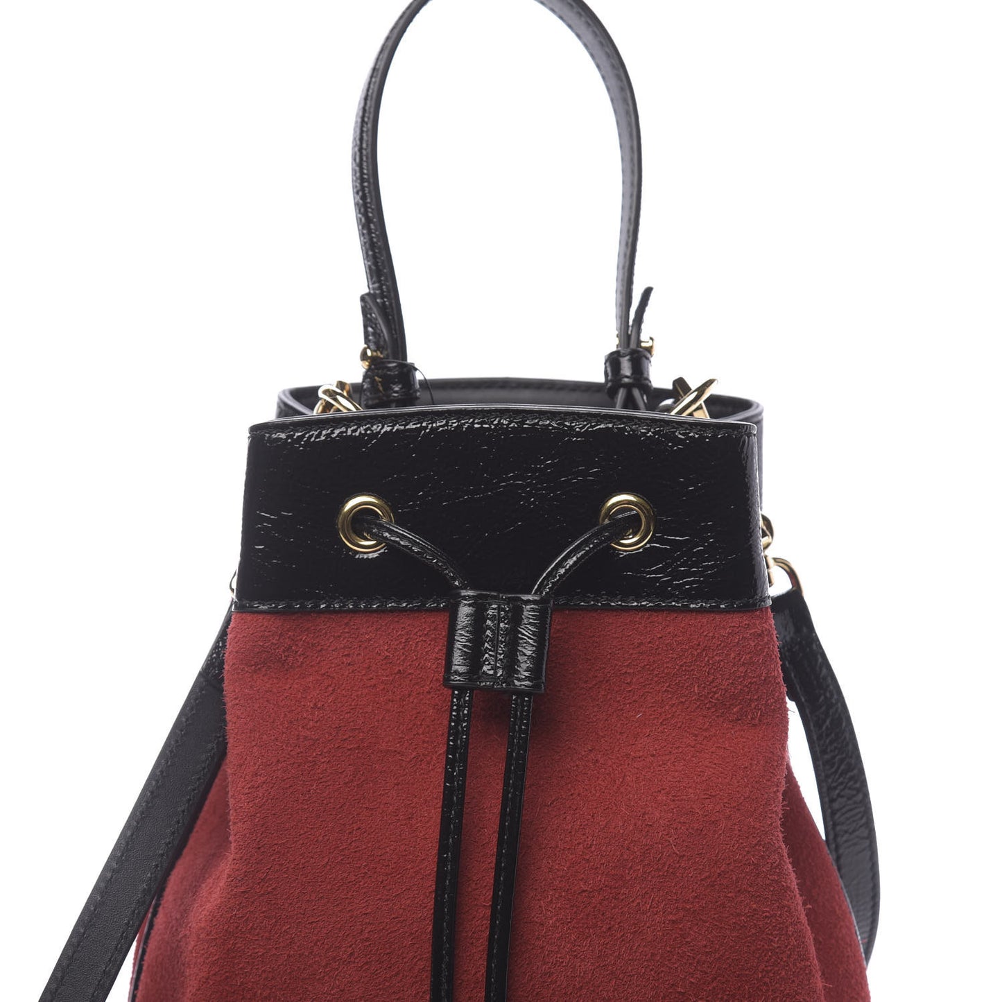 Suede Patent Web Small Ophidia Bucket Bag Hibiscus Red Black