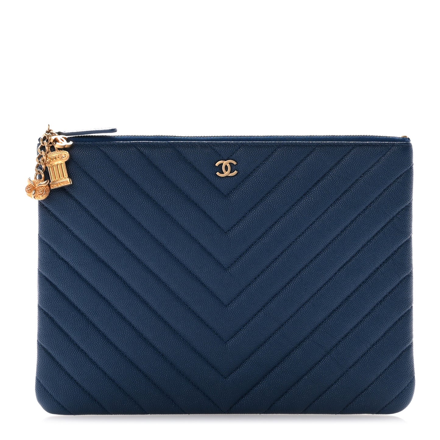 Caviar Chevron Quilted Medium Zip Pouch Navy