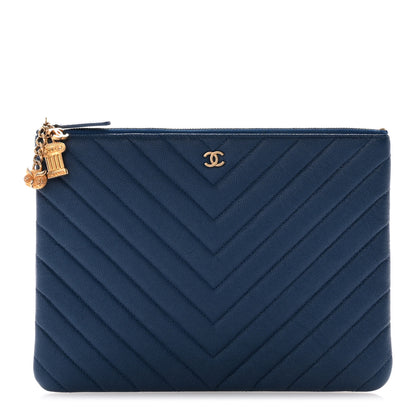 Chanel Caviar Chevron Quilted Medium Zip Pouch Navy 1 of 9